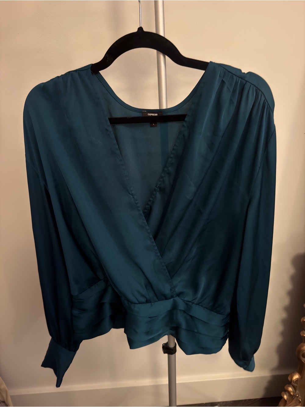 Express Women's Teal Satin Surplice Blouse